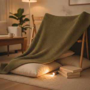 A cozy blanket fort with a flashlight and books
