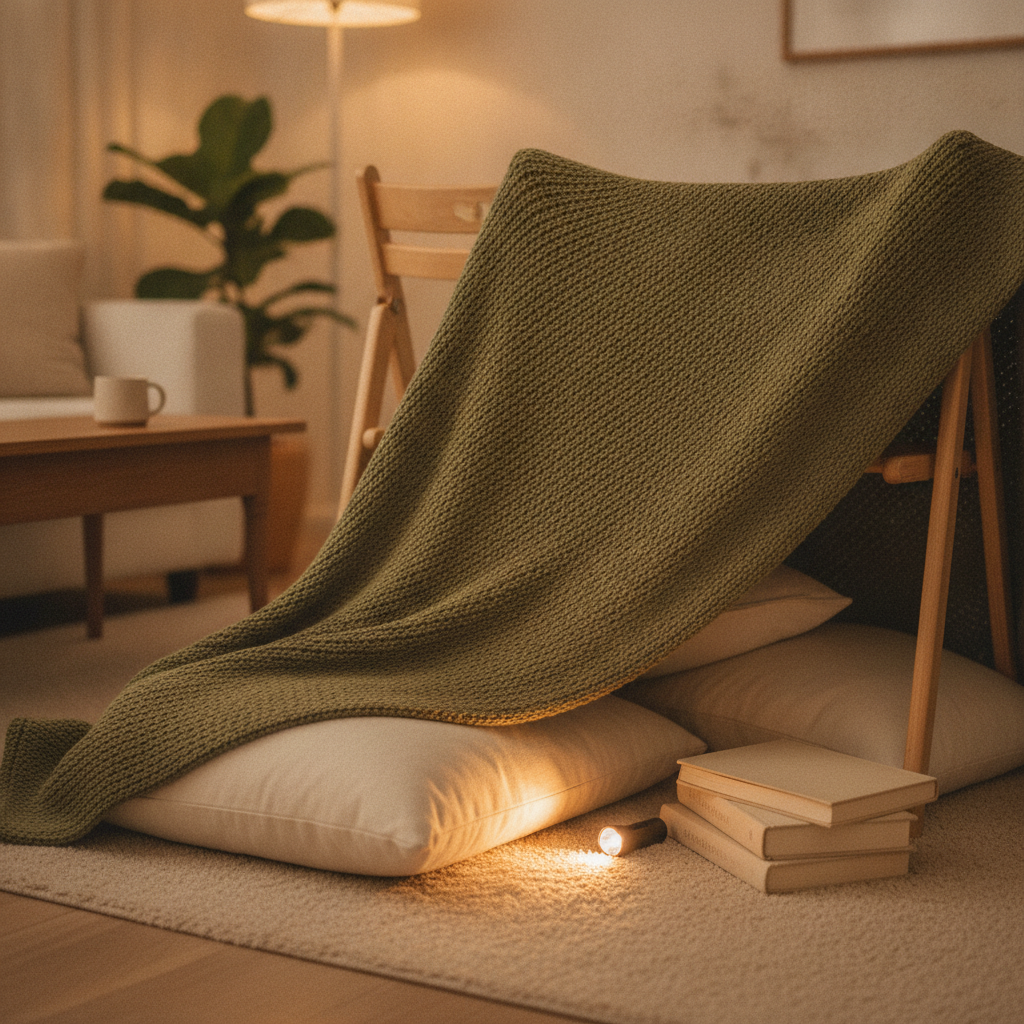 A cozy blanket fort with a flashlight and books