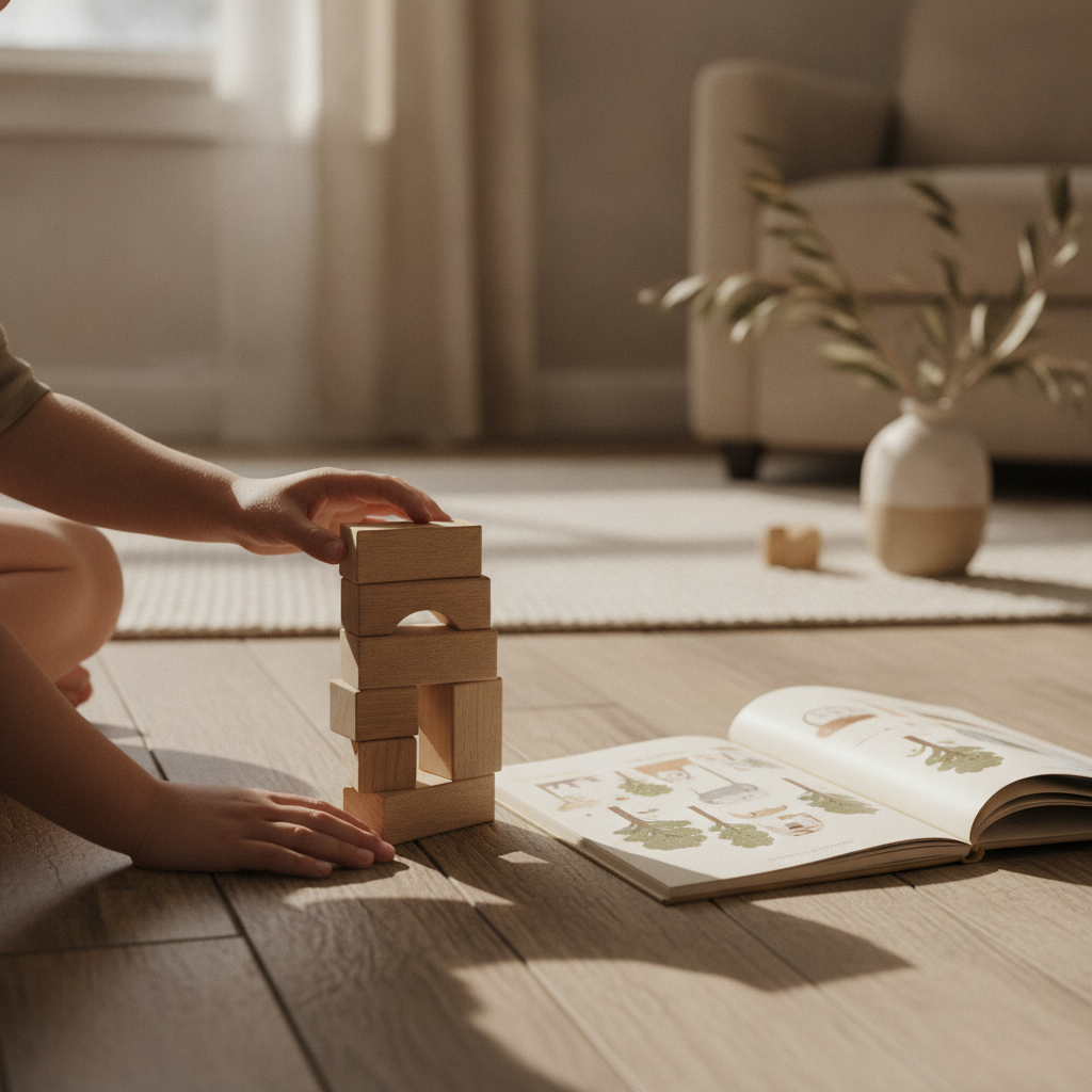 A block tower next to a picture book