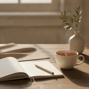 A calm cup of tea and notebook