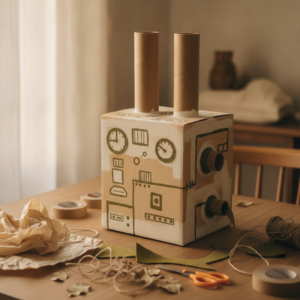 A cardboard box turned into a pretend robot