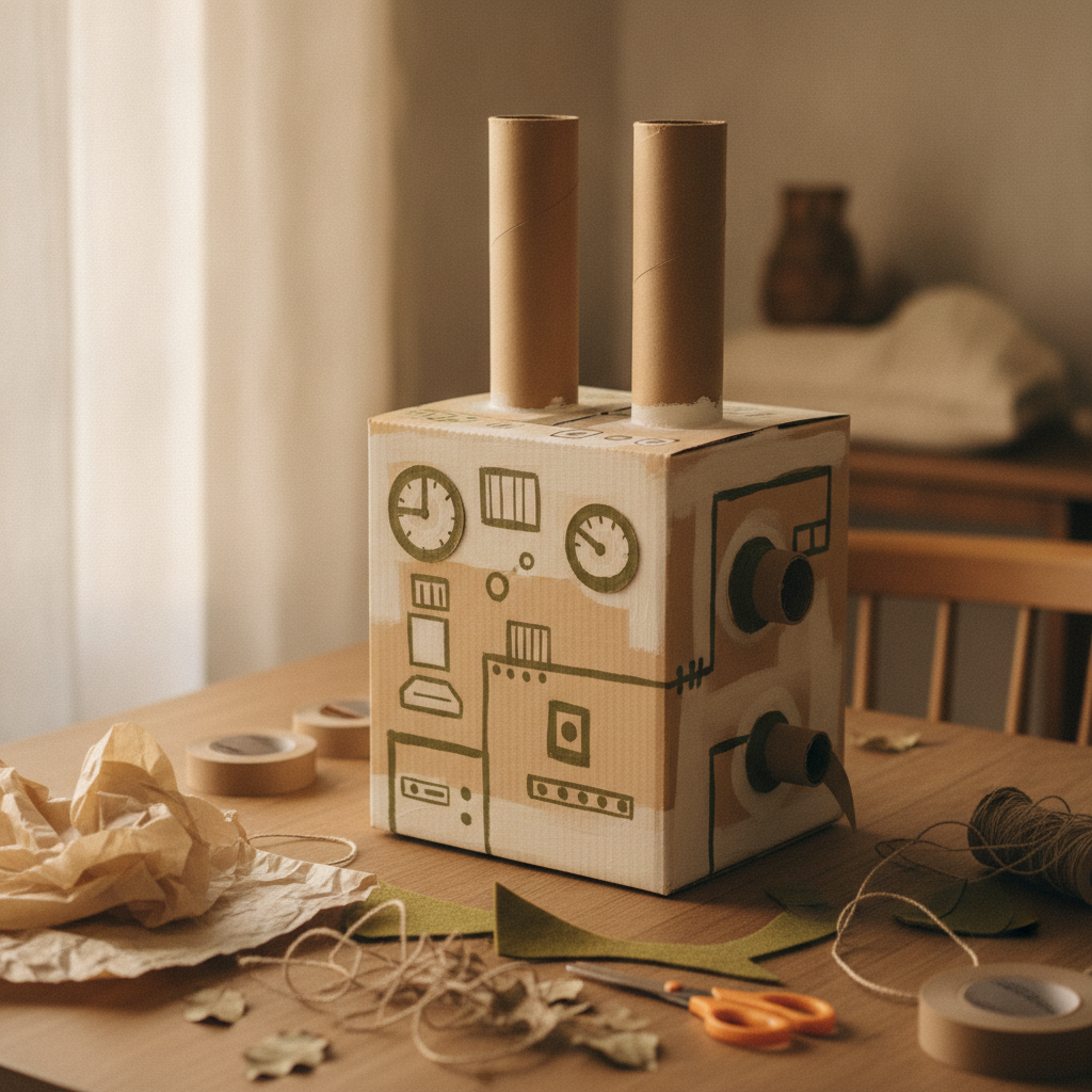 A cardboard box turned into a pretend robot