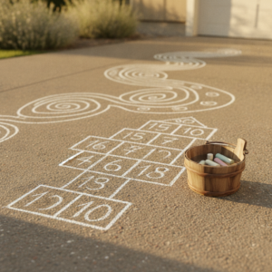 Chalk hopscotch and spiral path on a driveway