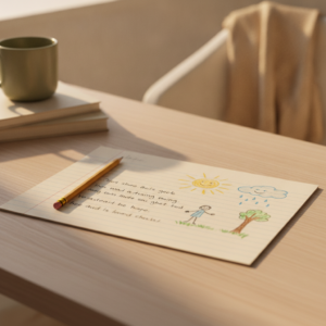 A short dictated story with a child's drawing