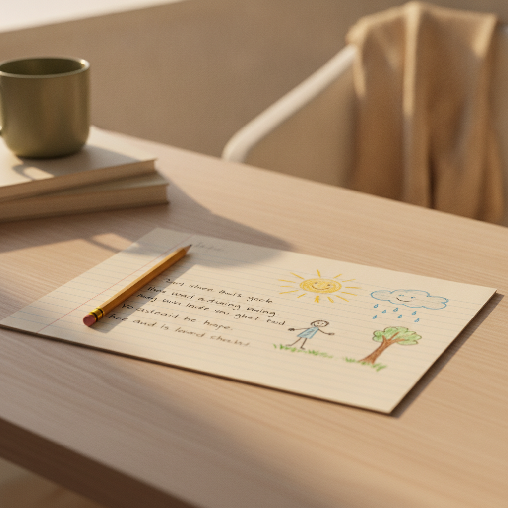 A short dictated story with a child's drawing