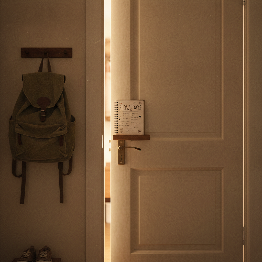 A closed bedroom door with a planner