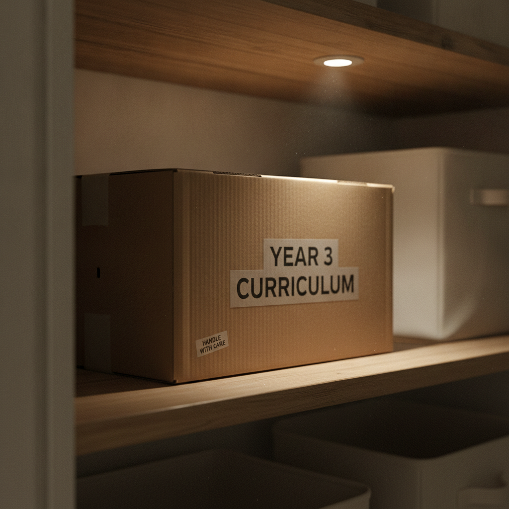 A curriculum box pushed to the back of a closet