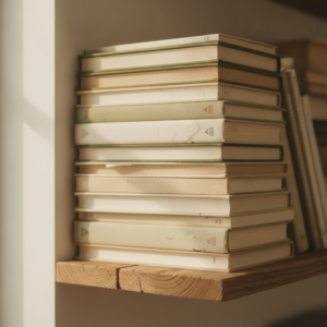 A shelf of homeschool curriculum books