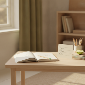 A child's desk with a self-managed checklist