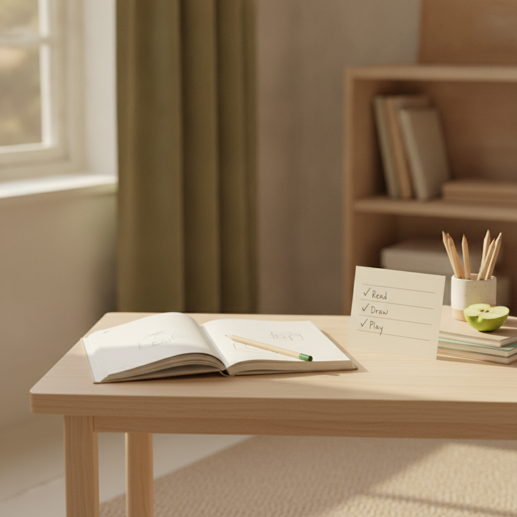 A child's desk with a self-managed checklist