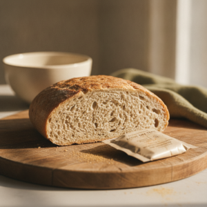 A flat loaf of bread next to yeast