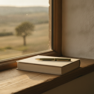A closed journal on a windowsill