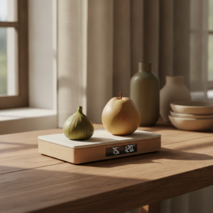 A kitchen scale weighing fruit