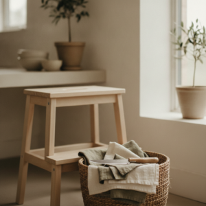 A kitchen step stool with folded towels