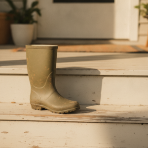 A muddy rain boot on a porch step