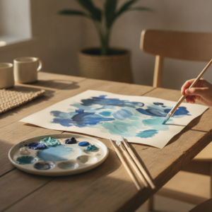An open painting session with blue tones