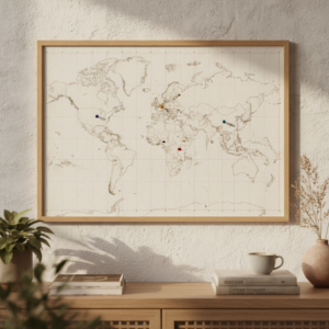 A world map with location pins