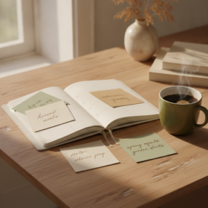 A planner with loose seasonal notes