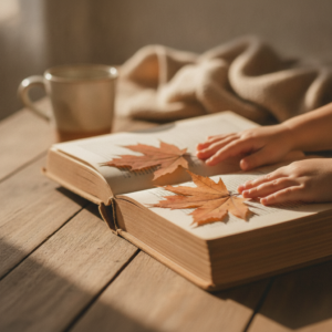 Pressed autumn maple leaves in a book