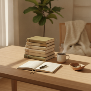 A research notebook and library books