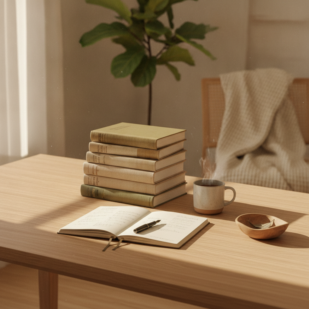 A research notebook and library books