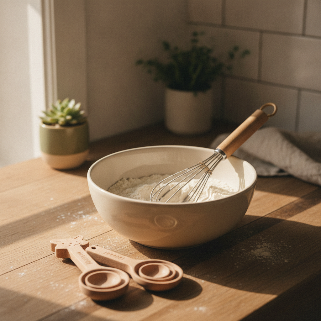 A small whisk and measuring spoons in flour