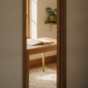 A workbook seen through a doorway