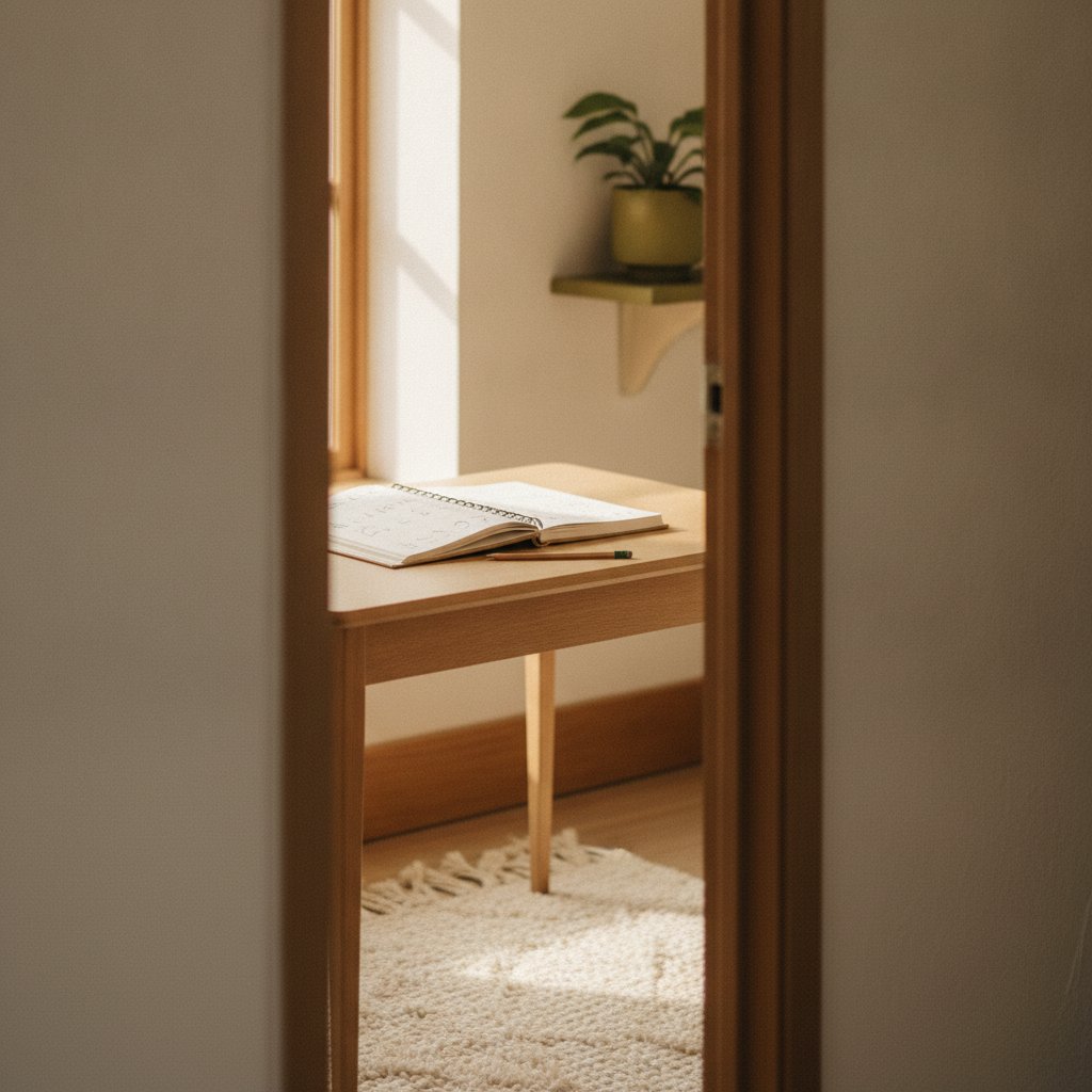 A workbook seen through a doorway